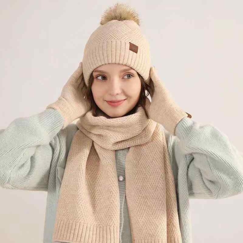 帽子 レディース ニット帽 手袋 マフラー 3点セット 秋冬 防風 防寒 保温 裏起毛 羊毛混紡 かわいい ふわふわ もこもこ 菱形柄 ピンク系2