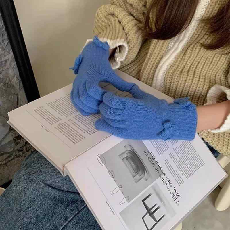 手袋 レディース 秋冬 スマートフォン対応 防寒手袋 ニット かわいい 蝶結び ピンク ブラック レッド ..