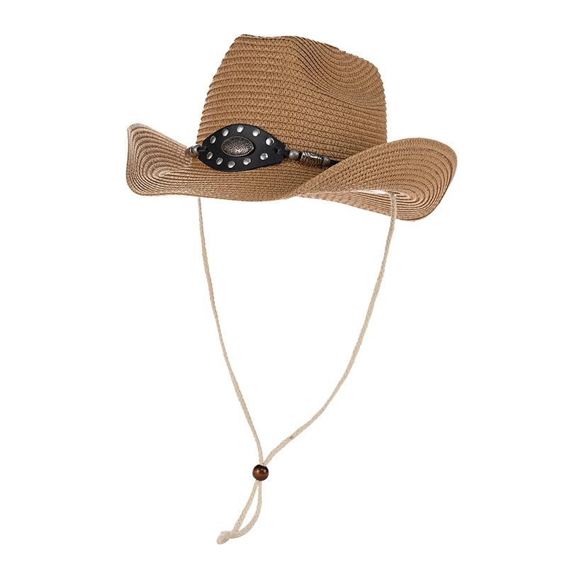 麦わら帽子 レディース カウボーイハット アウトドア キャンプ 海 UVカット 遮陽帽子 レトロ あご紐付き カーキ色 コーヒー色 オフホワイト 白色 黒色 調節可能 ポリエステル 大判つば 春夏 秋冬2(4)