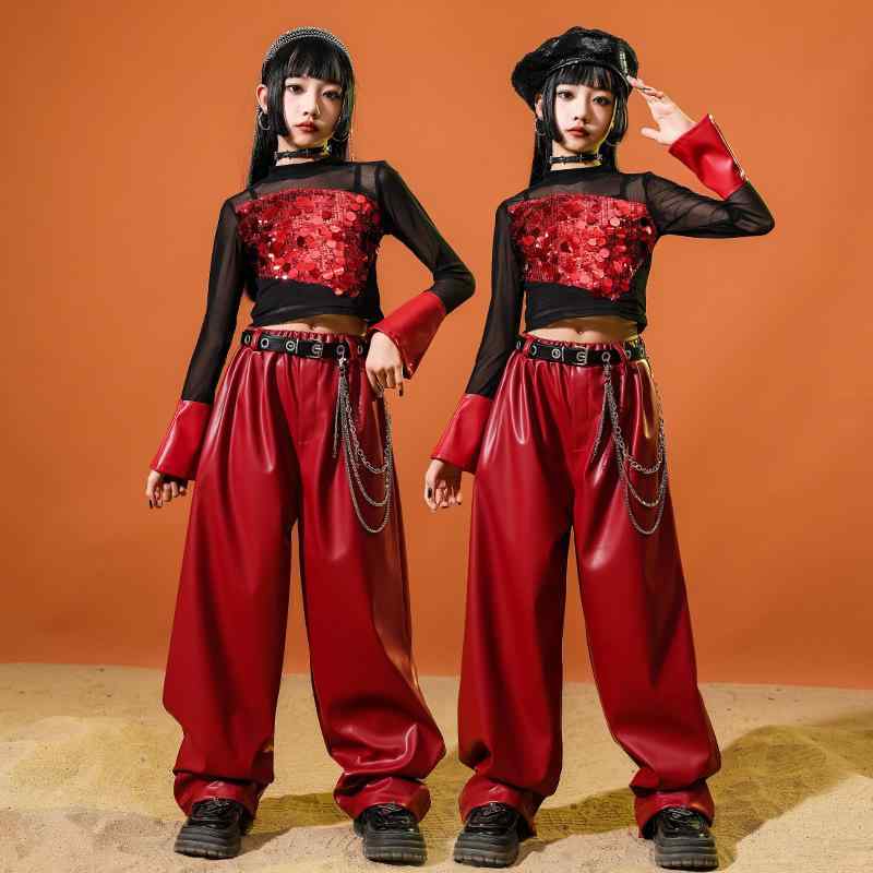 ダンス衣装 子供 女の子 ジャズダンス チアダンス セットアップ 赤 レッド スパンコール へそ出し 長袖 トップス レザー風 ロングパンツ キッズ ストリートダンス 練習着 レッスン着 舞台 演出服 発表会 イベント 110 120 130 140 1