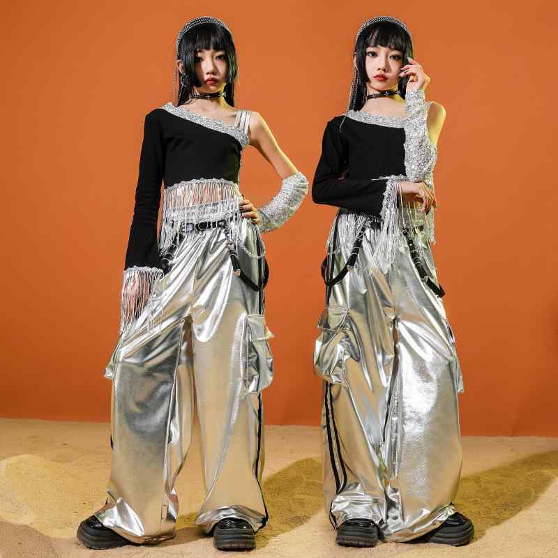 ダンス衣装 キッズ 女の子 ジャズダンス ストリートダンス セットアップ へそ出し トップス パンツ スパンコール チアガール 舞台 演出服 子供 HIPHOP ヒップホップ 練習着 応援団 ブラック シルバー 綿