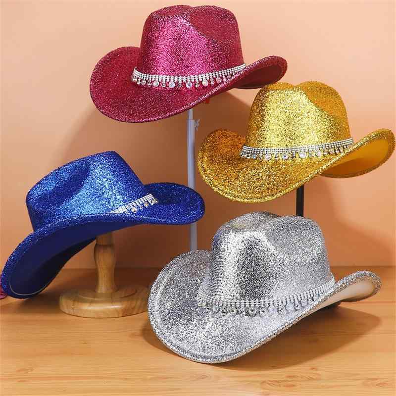 帽子 男女兼用 ファッション ウェスタンハット ワイドブリム スタッズ ジルコニア デコレーション パーティー 結婚式 シルバー ブラック ゴールド ローズレッド ブルー スイカレッド カーキ2