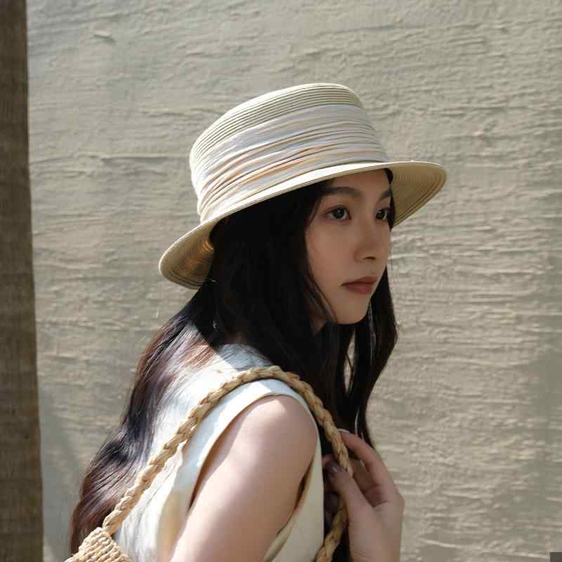 麦わら帽子 レディース サマー ハット 短いつば 平らなトップ レトロ かわいい 紫外線対策 日焼け防止 通気性 ブラック ベージュ