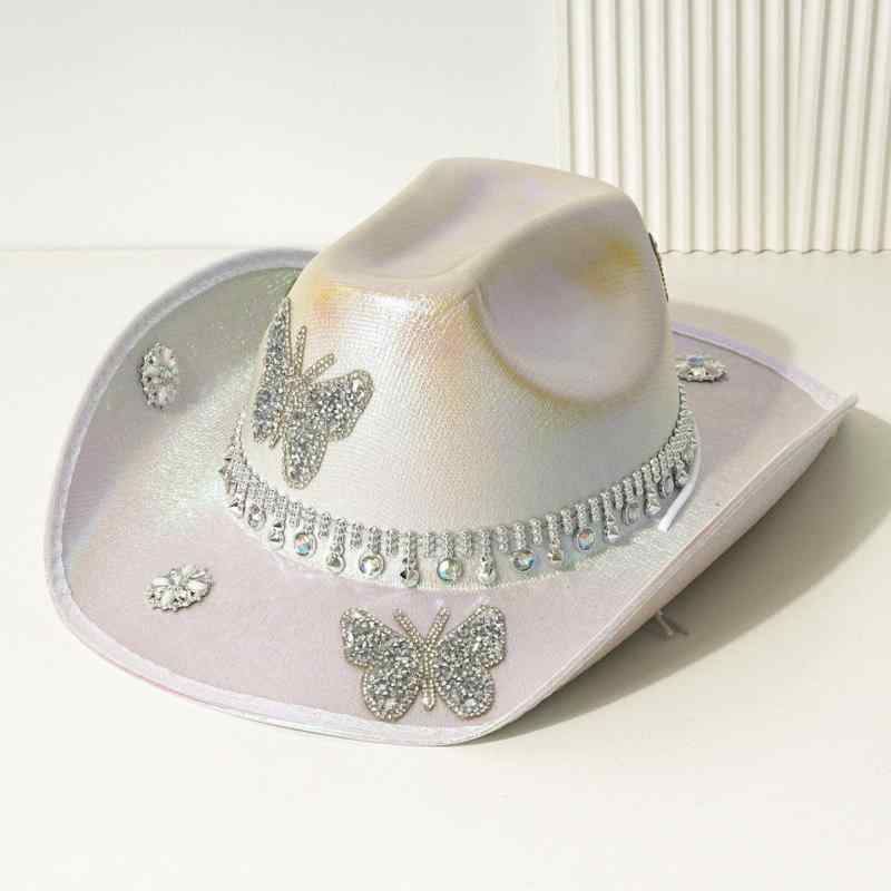 帽子 レディース ウエスタン カウボーイ キラキラ 蝶 スタッズ ラインストーン 花 ブローチ 礼帽 シル..