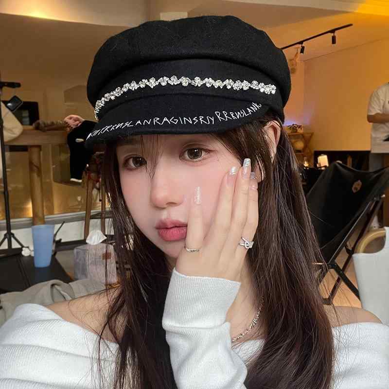 帽子 レディース 秋冬 マリン ベレー帽 ウール 混 水晶 八角帽 水ドリル 报童帽 フラット キャップ ブ..