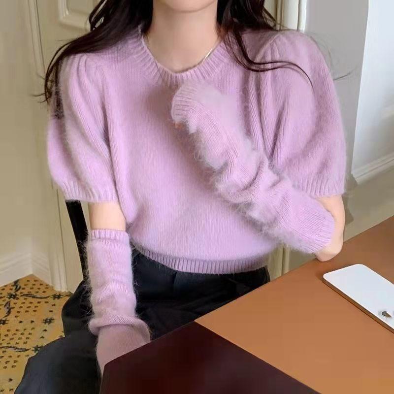 ニット レディース トップス 取り外し可能袖丈 ラウンドネック プルオーバー ショート丈 伸縮性 パフスリーブ カットソー チュニック 韓国ファッション カジュアル 春秋 グリーン ホワイト レッド ブラック 紫2