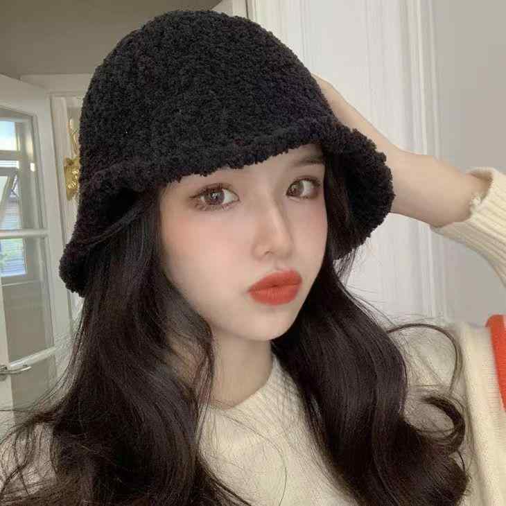 帽子 レディース 秋冬 漁夫帽 バケットハット ウール混 羊羔毛 無地 小顔効果 あったか 防寒 カジュアル かわいい ブラック ピンク系2