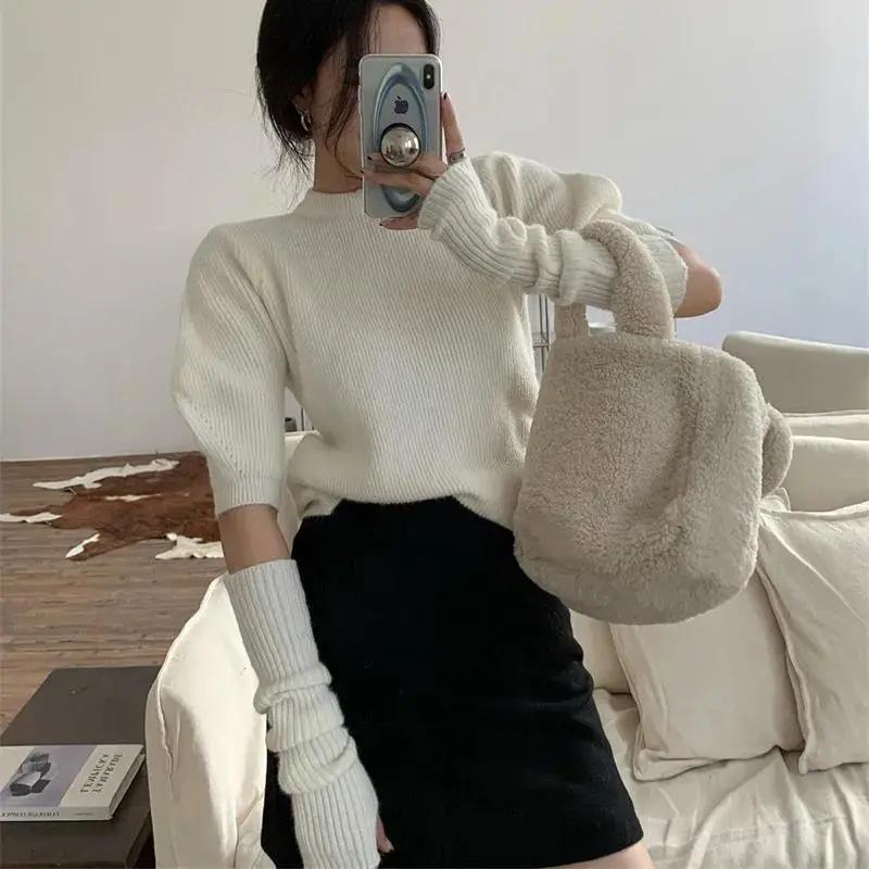 Tシャツ レディース 春秋 長袖 ニット トップス 白 黒 修身 ポロ襟 パフスリーブ かわいい おしゃれ 私服 名媛風