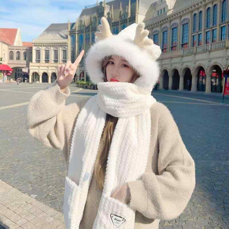 帽子 レディース 秋冬 かわいい 防寒 暖かい ミトン付き ニット帽 ネックウォーマー 一体型 鹿 シカ エルク2(4)