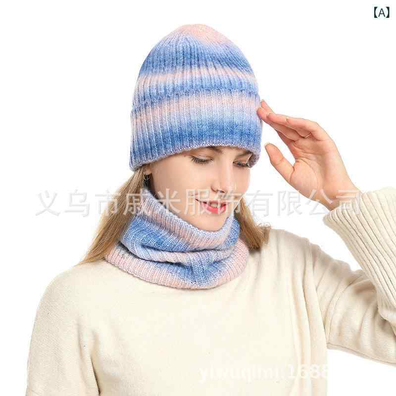 ニット帽 ネックウォーマー レディース 秋冬 グラデーション あったか ウール混 帽子 手袋 2点セット ブルー ピンク系 防寒 女性用 婦人