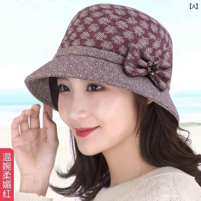 帽子 レディース 秋冬 加厚 保温 毛呢 盆帽 バケットハット ミセス シニア 婦人 おばあちゃん 布製 温婉柔媚紅 秀雅薔薇紅 婉约雅典红