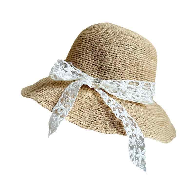 麦わら帽子 レディース 漁夫帽 ラフィア草 レース リボン 日焼け防止 平顶帽 春夏 秋 大つば帽子 カジ..
