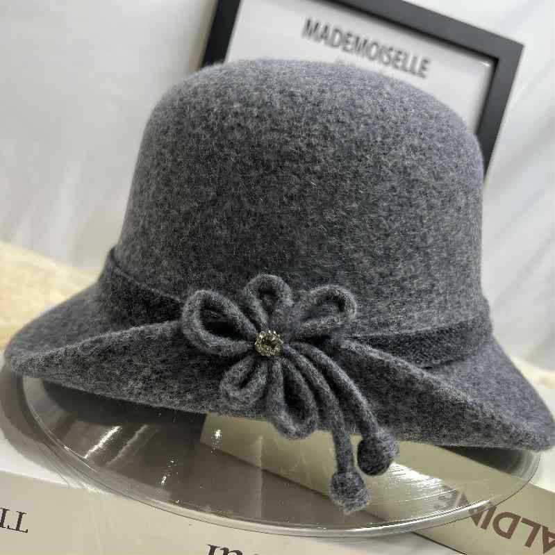 帽子 レディース 婦人 秋冬 ウール 漁夫帽 防寒 保温 梅 花柄 おしゃれ 小顔効果 ミセス シニア グレー..