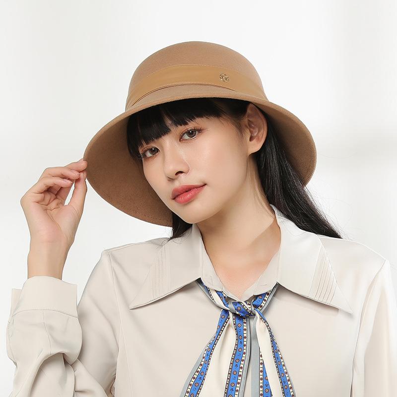 帽子 レディース 秋冬 英国風 ファッション ウール バケットハット カジュアル 散歩 大つば ハット 暖かい 防風 ブラック レッド キャメル(4)