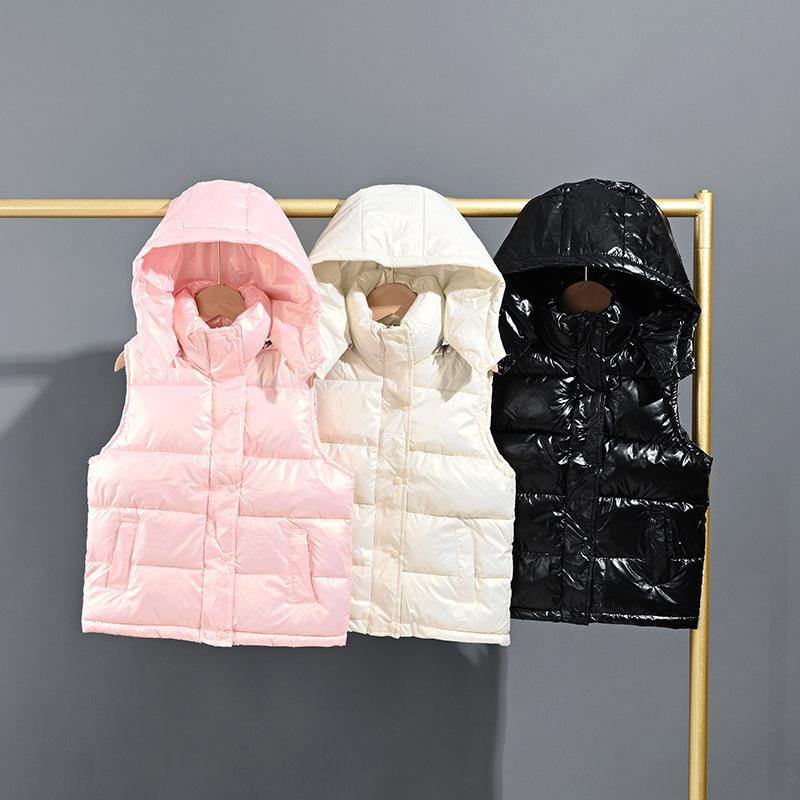 子供服 ベスト ガールズ ダウン風 中綿入り フード付き アウター 上着 防寒 あったか ピンク系 白 グレ..