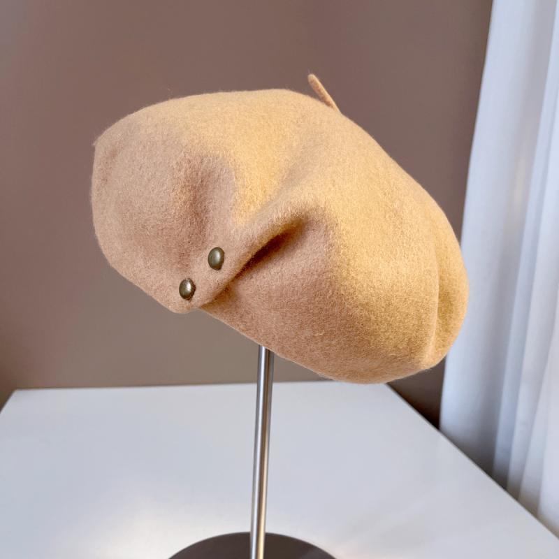 ベレー帽 レディース 秋冬 ウール 画家帽 無地 ニット帽 銅製バックル付き レトロ 折り返し 暖か 防風 ..