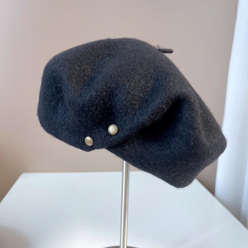ベレー帽 レディース 秋冬 ウール 画家帽 ニット帽 無地 折り返し 銅ボタン マッシュルームハット 帽子..