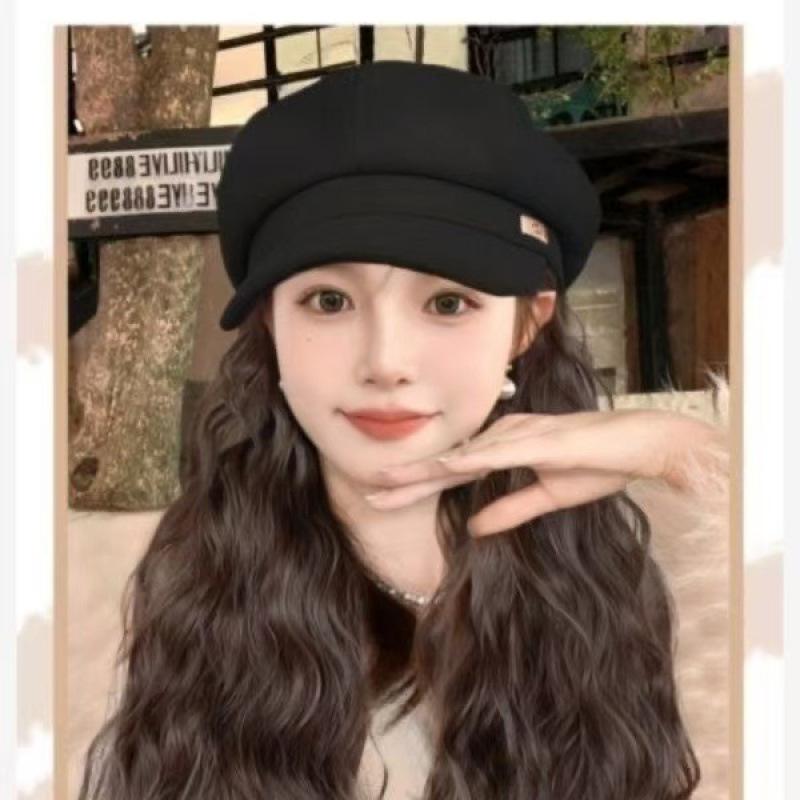 帽子 レディース 八角ベレー帽 ウール 巻き髪ウィッグ 一体型 小顔効果 秋冬 韓国 ブラック ブラウン 女性用 おしゃれ かわいい2