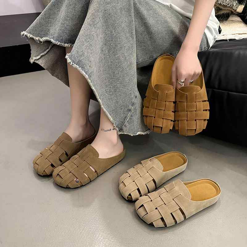 サンダル レディース 婦人靴 春夏 ラウンドトゥ PU レザー スリッパ ぺたんこ フラットヒール カジュアル 普段使い 部屋履き ベージュ ブラウン ホワイト