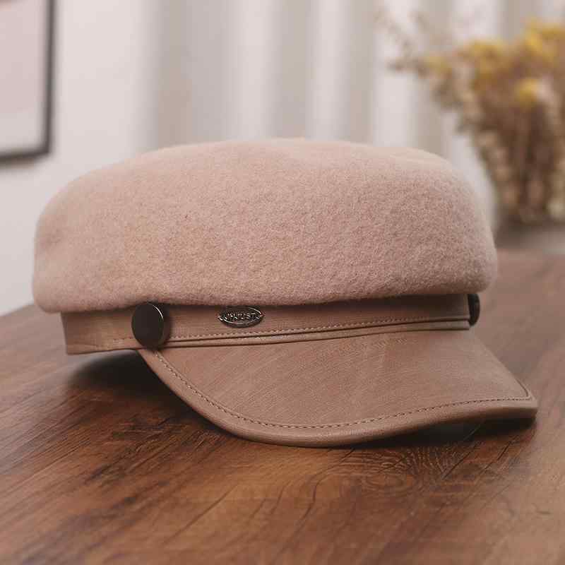 帽子 レディース 秋冬 ウール混紡 キャップ レザーブリム ベレー帽 小顔効果 八角 キャスケット ベージ..