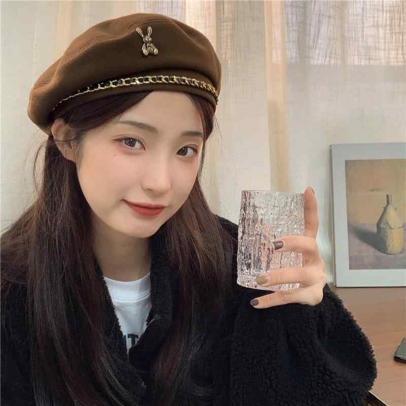 ベレー帽 レディース メンズ 秋冬 帽子 板栗色 栗色 メタルチェーン付き レトロ かわいい おしゃれ 平天 少年 青年 中年2