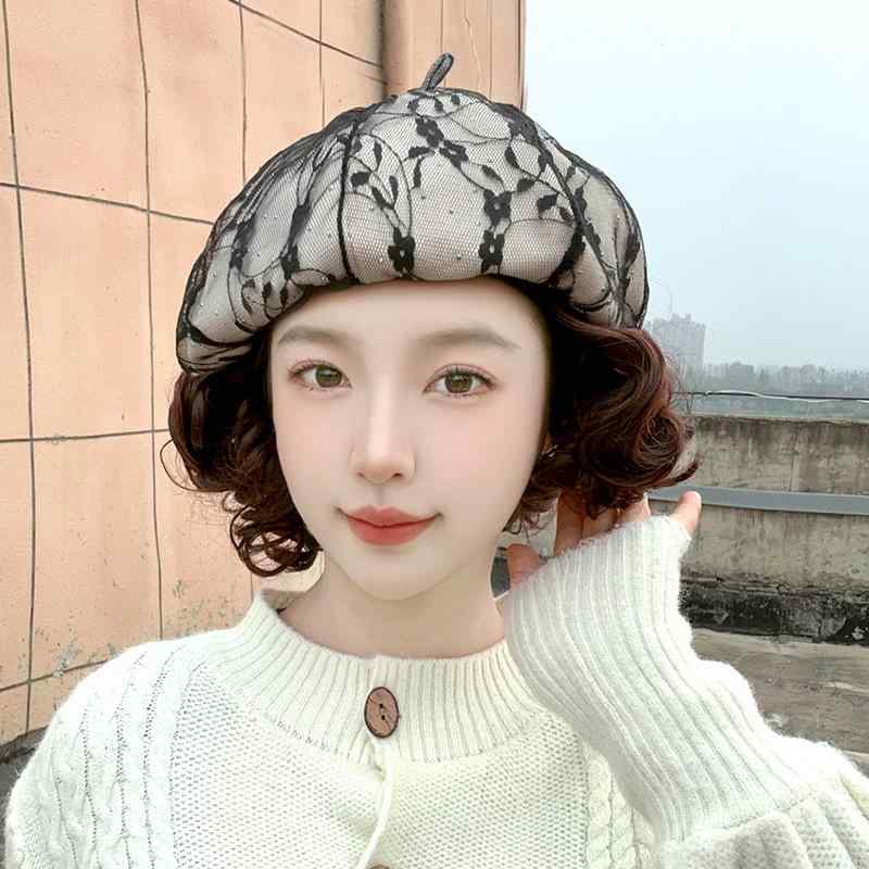 帽子 レディース ウィッグ ファッション ショート カール 巻き髪 レース 花柄 ベレー帽 八角帽 フルウ..