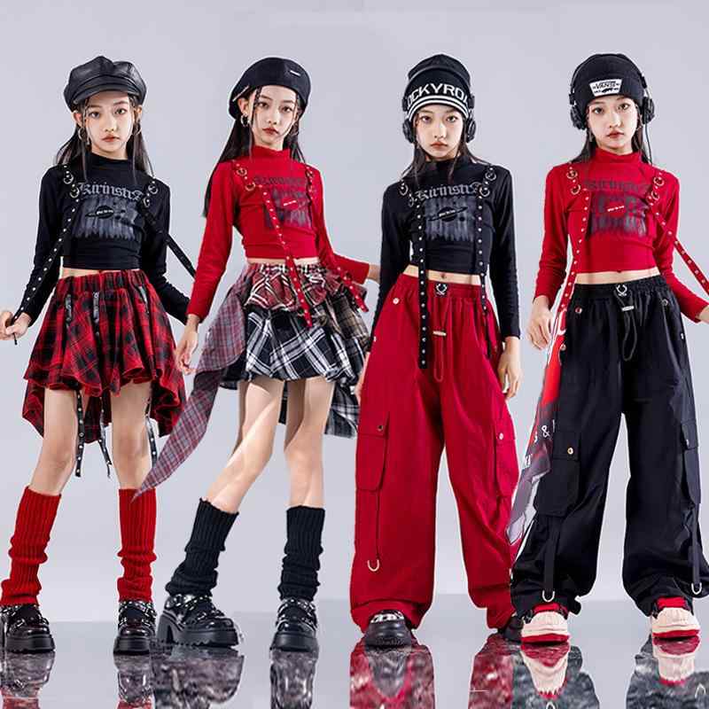 子供用ダンス衣装 女の子用 ジャズダンス ウェア 発表会 イベント 長袖 赤 黒 トップス スカート パン..