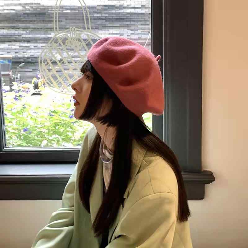 ベレー帽 レディース 秋冬 ウール 画家 帽子 韓国風 レトロ 防寒 日よけ 赤 黄色 緑 青 紫 カーキ 黒 ..