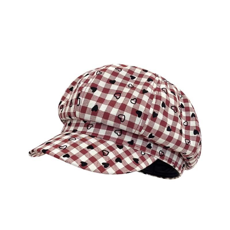 ベレー帽 レディース 春夏 八角帽 かわいい 格子柄 帽子 小顔効果 日よけ 紫外線対策 赤色 コーヒー色 黒色(4)