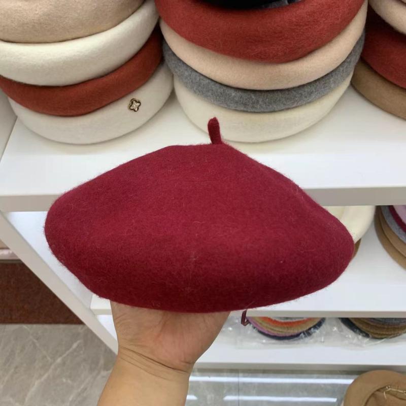 ベレー帽 レディース 秋冬 韓国風 ウール 混紡 防風 小顔効果 個性的 酒紅色 黒 黄色 駝色 ベージュ モ..