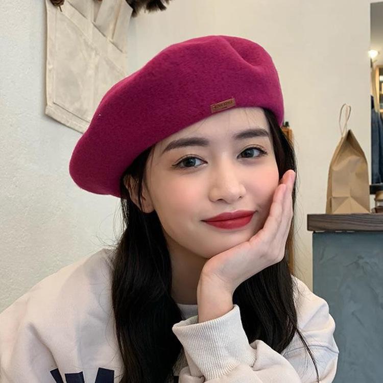 ベレー帽 レディース 秋冬用 ウール 画家帽 無地 保温 防風 帽子 孔雀ブルー 紺色 深緑 グレー オフホワイト ベージュ 茶色 ピンク