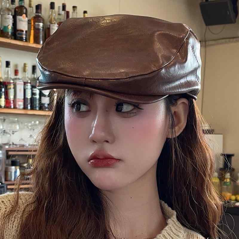 ベレー帽 レディース 秋冬 PUレザー レトロ 画家帽 小顔効果 帽子 普段使い カフェ ブラック ブラウン2