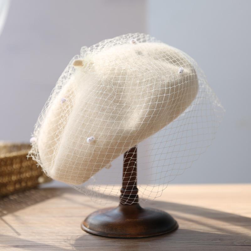 ベレー帽 レディース 秋冬用 ウール混紡 英国風 レトロ メッシュ 小礼帽 帽子 ブラック ワインレッド グレー キャメル ベージュ レッド 55-57cm2(4)