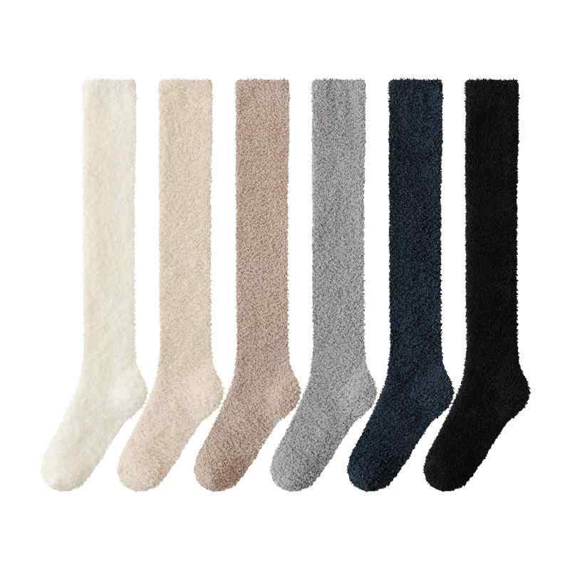靴下 レディース ニーハイソックス 冬用 厚手 コーラル フリース 膝上 あったか ルームソックス 床暖房 月子 産後 ホワイト ベージュ グレー ブラック ポリエステル