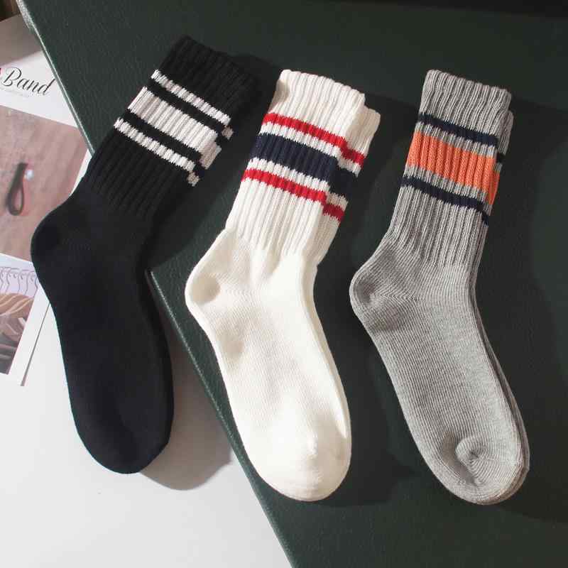 靴下 レディース 秋冬 厚手 ダブルニードル ミドル丈 ソックス リブ編み コットン混紡 ストライプ カジ..