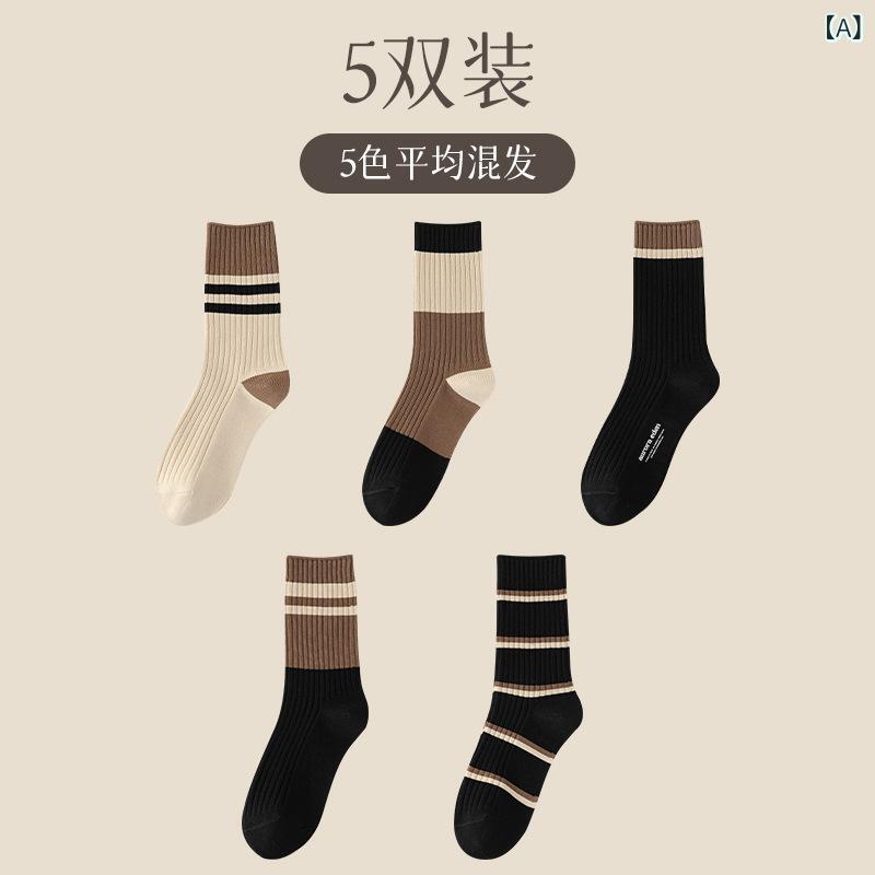 靴下 レディース 秋冬 ダブルニードル製法 コットン混紡 中筒丈 リブ編み ソックス 防臭 カラフル カジ..