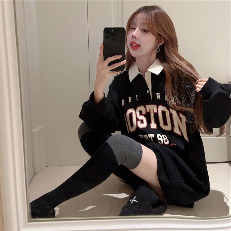 スウェット レディース 春物 POLO襟 トップス ゆったり 長袖 プルオーバー トレーナー カットソー チュニック 普段着 部屋着 ブラック レッド ポリエステル