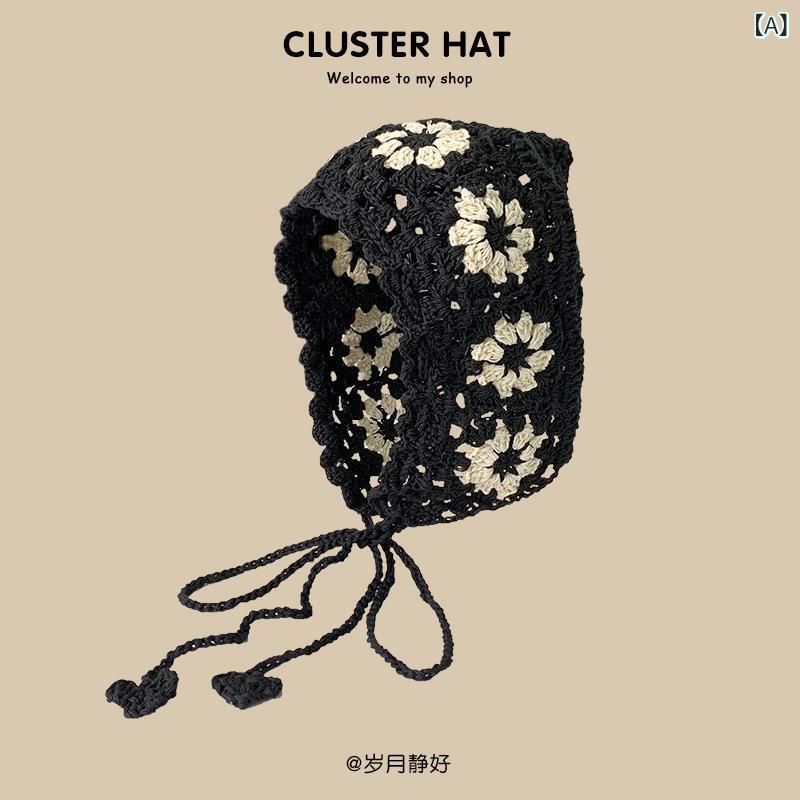 ニット帽 レディース かわいい 薄手 かぎ針編み ビーニー チョーカー付き ブラック ベージュ 秋冬2