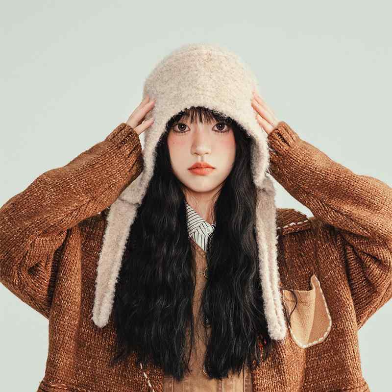 ニット帽 レディース 秋冬 防寒 保温 かわいい 帽子 焦糖色 コーヒー色 深灰色 米色 浅灰色 耳あて付き 無地 シンプル カジュアル 普段使い(4)