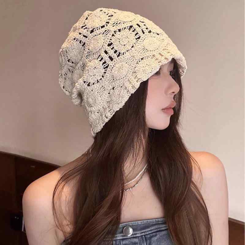 ニット帽 レディース 春夏 薄手 透かし編み ブラック &amp; ホワイト バイカラー 手編み ビーニー サマ..