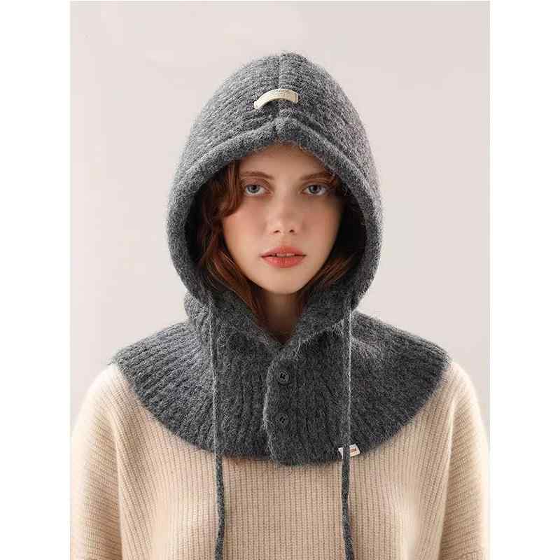 バラクラバ レディース 秋冬 ニット帽 ネックウォーマー 一体型 帽子 羊毛混紡 あったか 防寒 ミルクホワイト ダークグレー レッド ベージュ コーヒー色 ブラック2(4)
