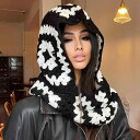 ニット帽 レディース 手編み パッチワーク風 花柄 バラクラバ ウール 帽子 秋冬 防寒 保温 暖かい 民族風(4)