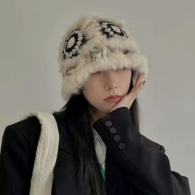 ニット帽 レディース 漁夫帽 グレー 手編み ウサギ毛 虎柄 小顔効果 防寒 あったか かわいい ポンポン..