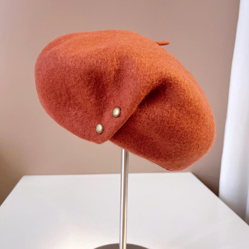 ベレー帽 レディース 秋冬 ウール 画家帽 無地 ニット帽 折り返し 銅製バックル付き キノコ帽子 ブラッ..