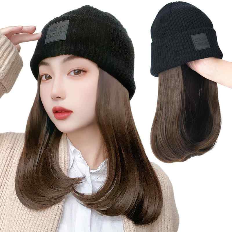 帽子 レディース ファッション 黒色 皮革ラベル ニット帽子 人毛 自然 鎖骨ヘア 全頭ウィッグ 小顔効果 イメチェン かつら 日常用