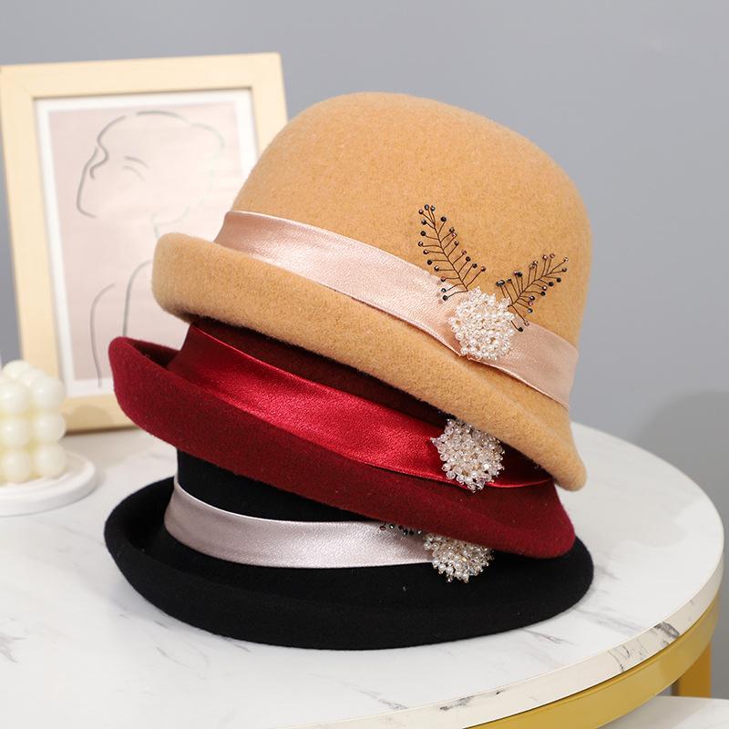 帽子 レディース 秋冬 ウール 盆帽 レトロ 水晶 キラキラ 保温 防風 ニット帽 黒 ベージュ グレー 赤 ..