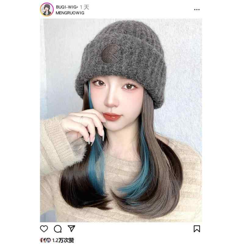 帽子 レディース ファッションウィッグ 秋冬 ニット帽 ミディアムヘア 鎖骨ヘア 付け毛 カール 巻き髪 ..