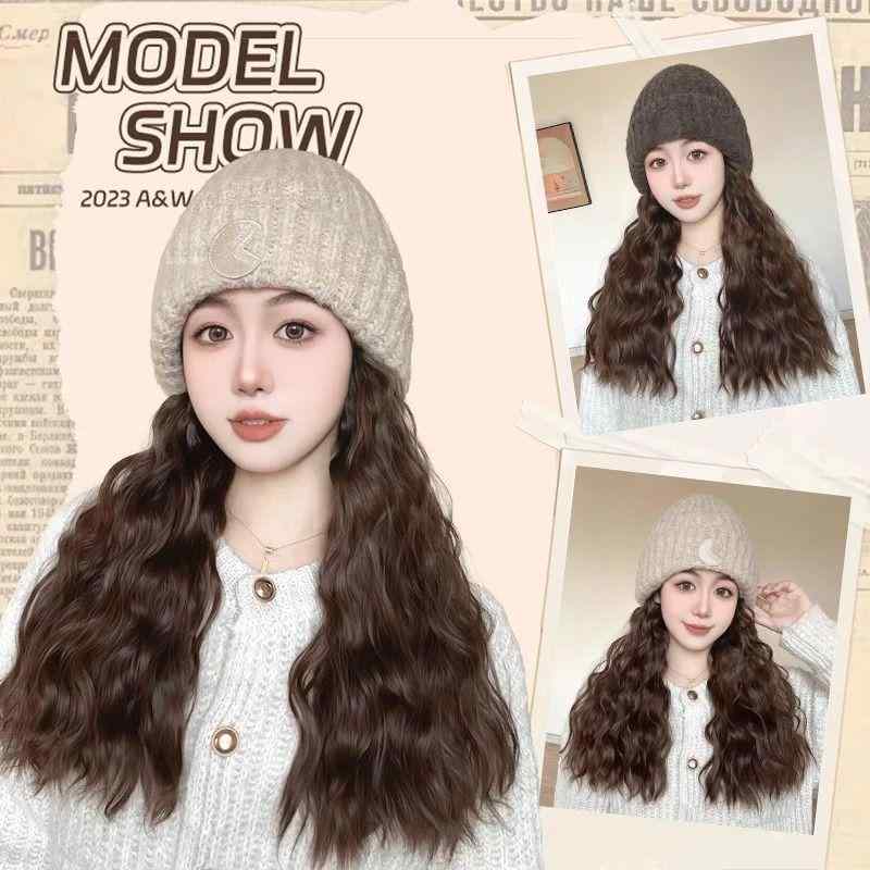 帽子 レディース ニット帽 かつら 一体型 ロング カール 秋冬 水波紋 あったか ウール 全頭かつら ブラ..