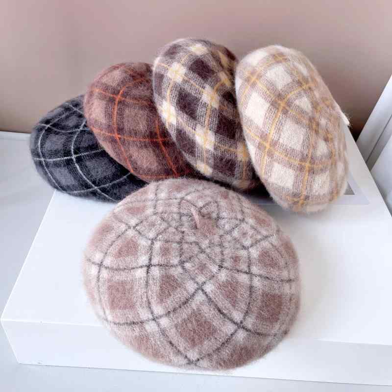 ベレー帽 レディース 秋冬 アンゴラ ウール混 格子柄 チェック柄 保温 防風 帽子 女性 婦人 画家帽 ベージュ ブラック ブラウン コーヒー 栗色 Mサイズ2