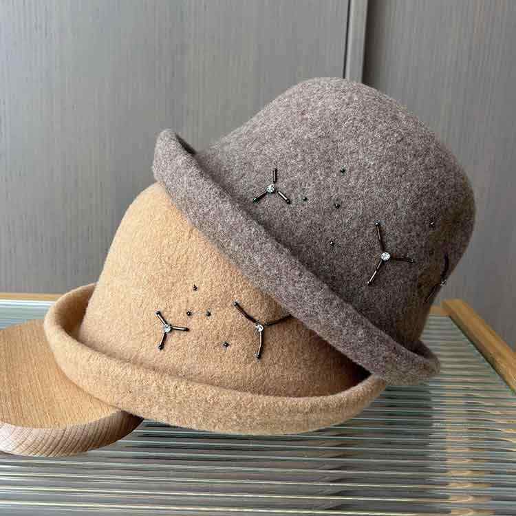 帽子 レディース 秋冬 ニット帽 渔夫帽 ウール 盆帽 丸みシルエット 短つば 保温 防風 ブラック ワイン..